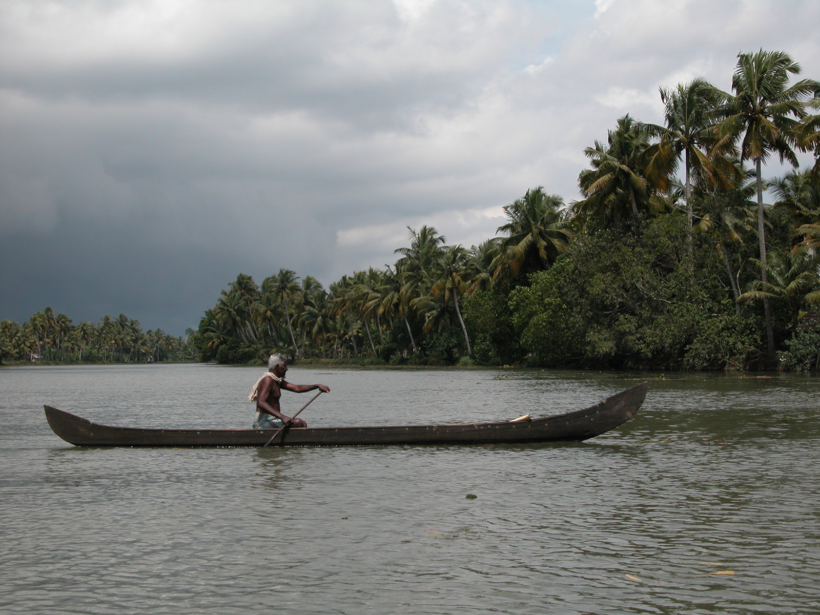 a man on a canoe trying to get home before the storm in Kerala's backwaters, in south India