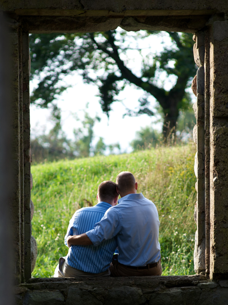 Stephen and Erik at their wedding in the ruins of Gibbet Hill Farms in Massachussetts, USA