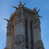 the gargoyles at the top of the newly renovated Saint Jacques tower in Paris. France
