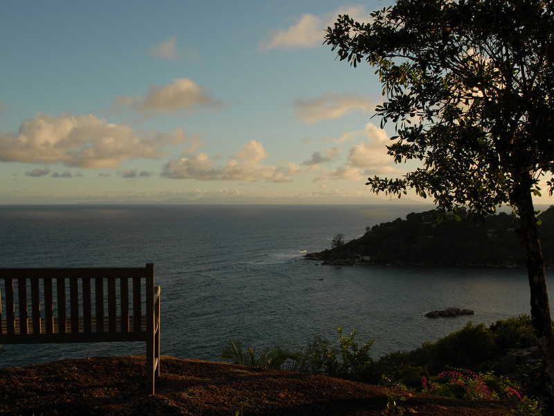 the sunset over the island of Praslin in the Seychelles